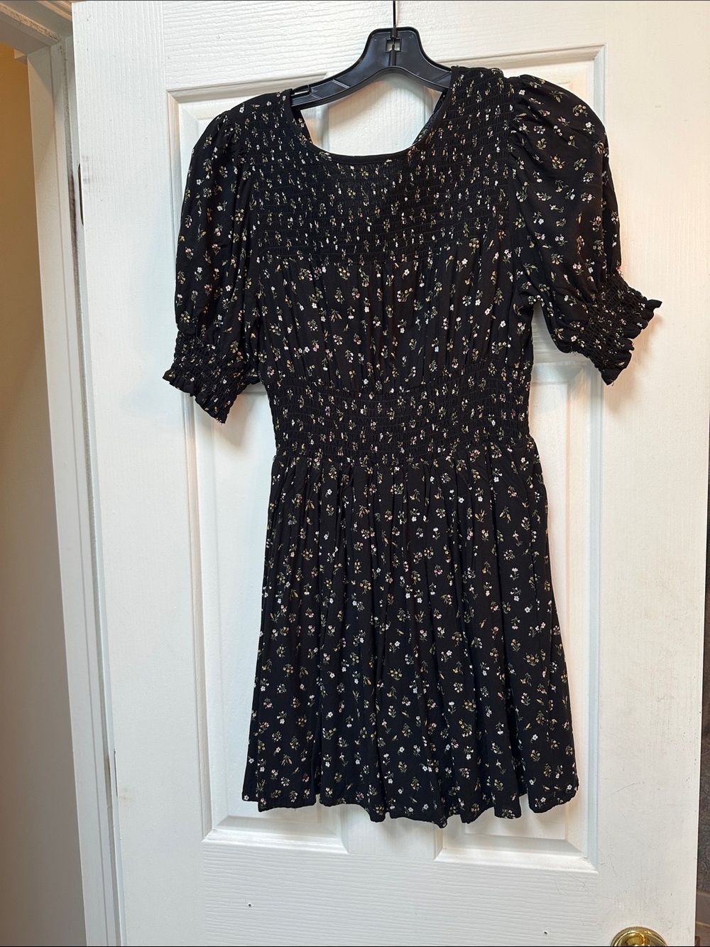 Black Floral Smocked Puff Sleeve Mini Dress